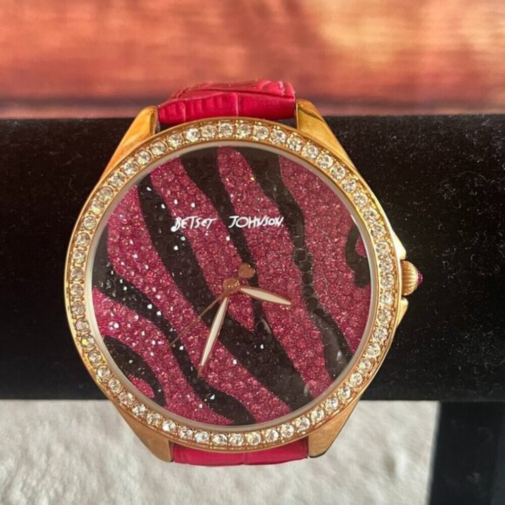 Betsy Johnson Pink Zebra Leather Rhinestone Bling Gold Tone Watch